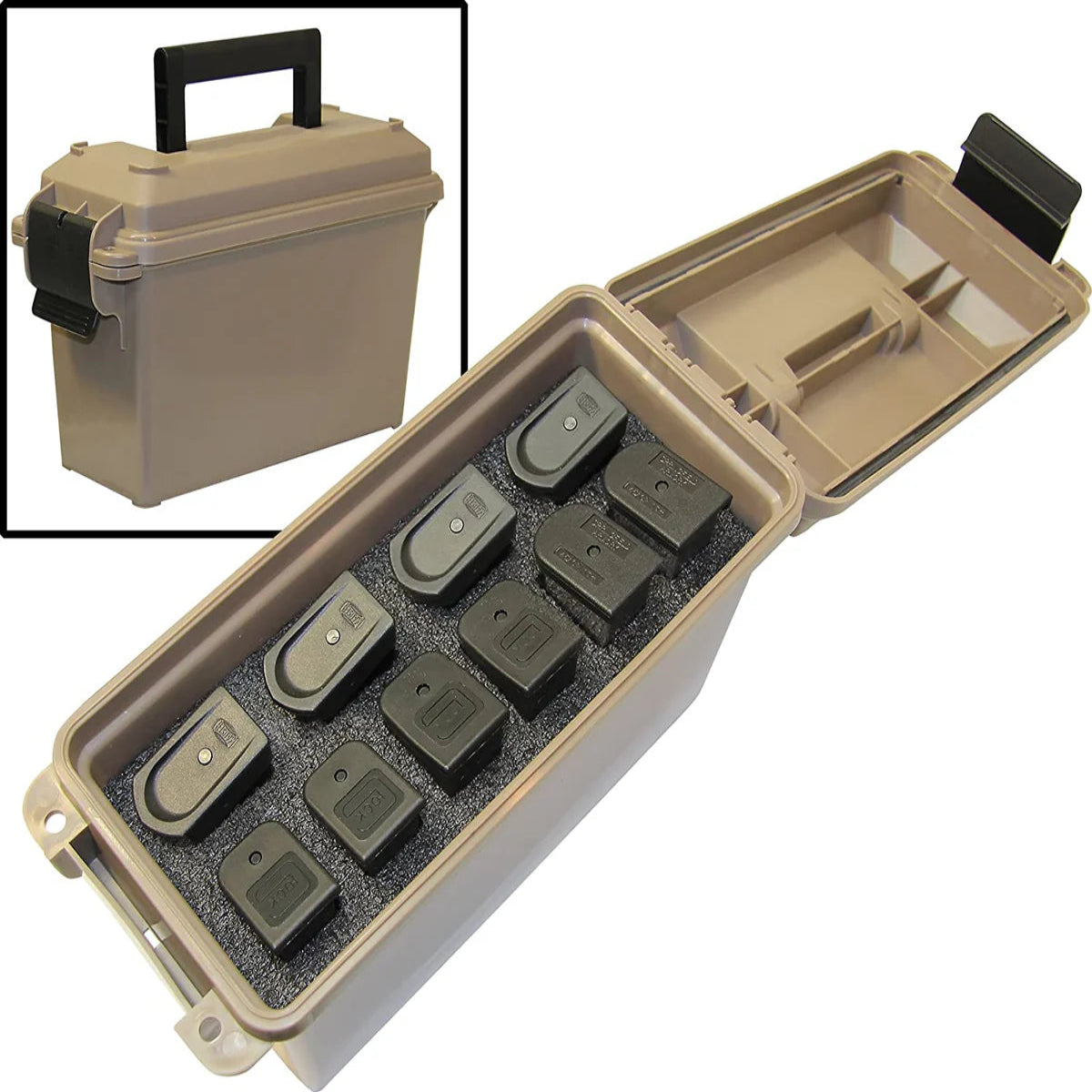 A beige MTM Case-Gard Tactical Mag Can open, showing multiple slots with black foam padding, designed to hold double stack pistol handgun magazines.