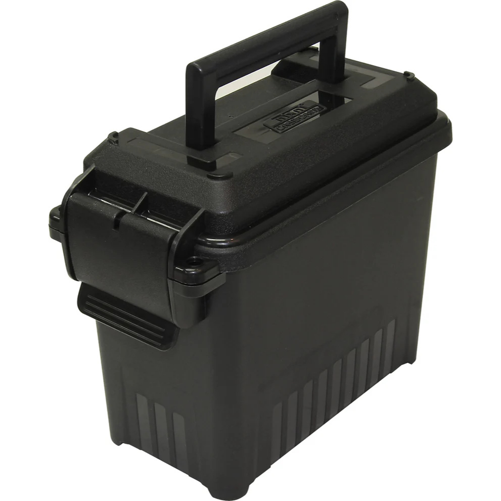 Black plastic storage box with a handle on a white background