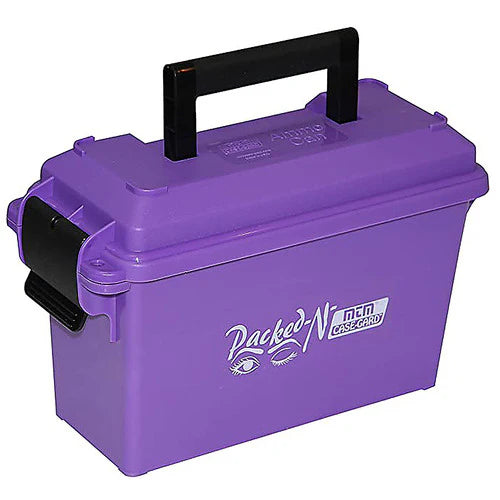Purple storage case with black handles and 'Packed N' logo on a white background
