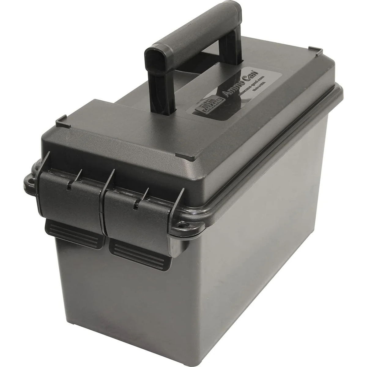 Gray storage box with a black handle on a white background