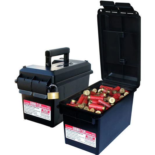 Black ammunition storage box with open lid showing shotgun shells on a white background