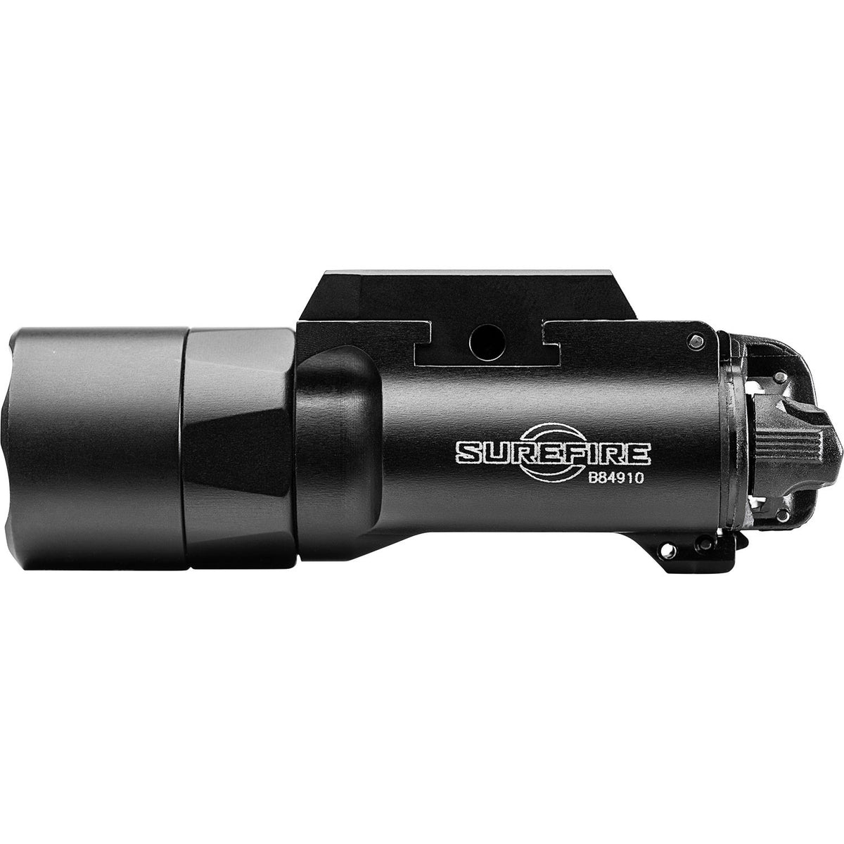 SureFire X300U-B weapon light left side profile showing T-slot thumbscrew rail clamp