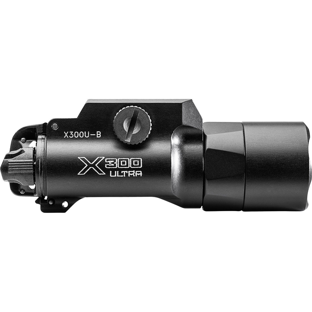 SureFire X300U-B weapon light right side profile, black hard anodized aluminum body