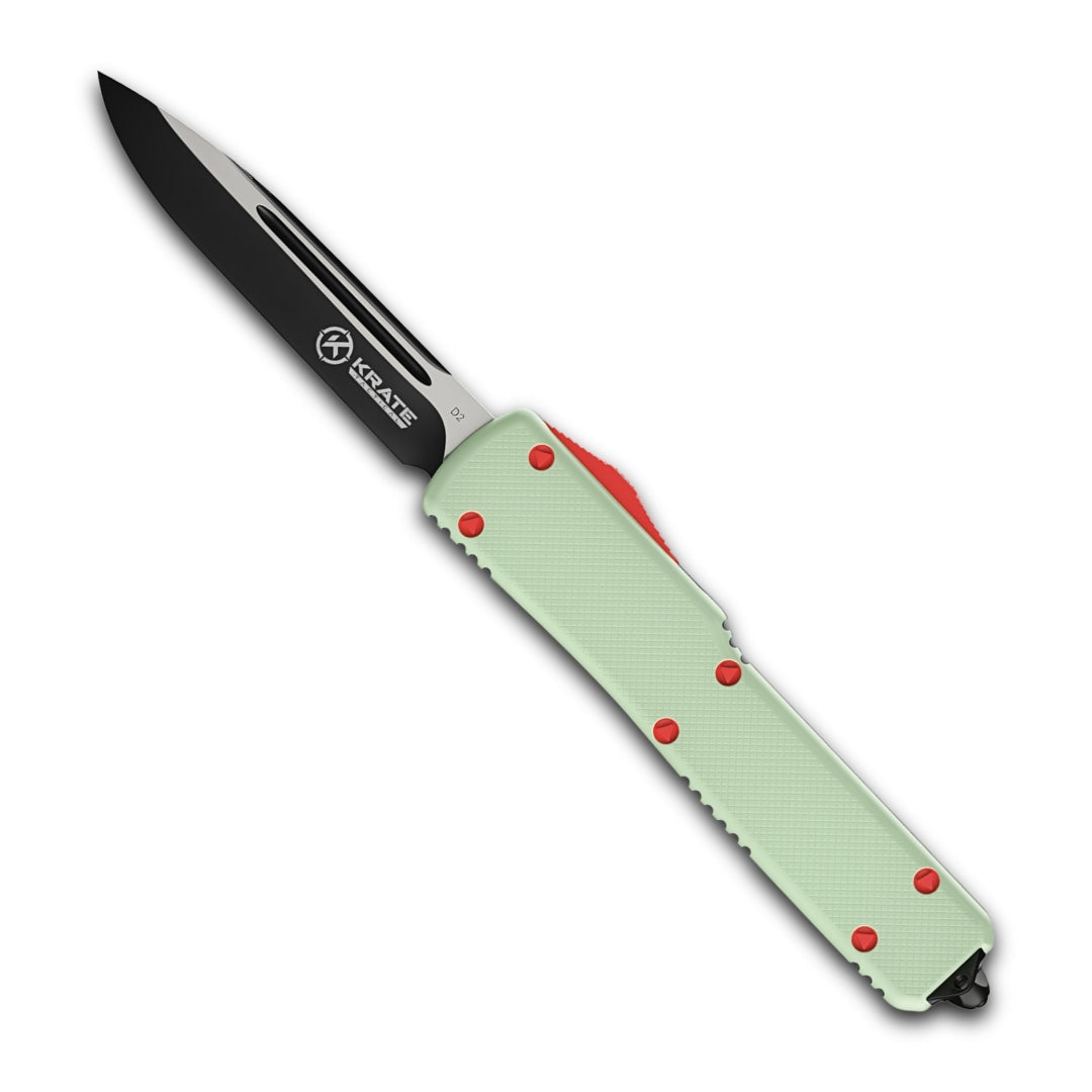 Jade G10 OTF knife light green finish red accents